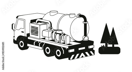 Industrial vacuum truck with tank and hose for waste removal services