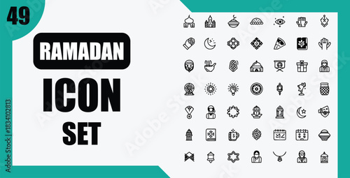 Ramadan icon set with various islamic symbols on transparent background silhouette