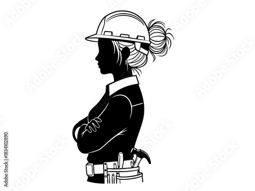 Vector silhouette of a professional female construction worker with a hard hat and tool belt, representing women in skilled trades
