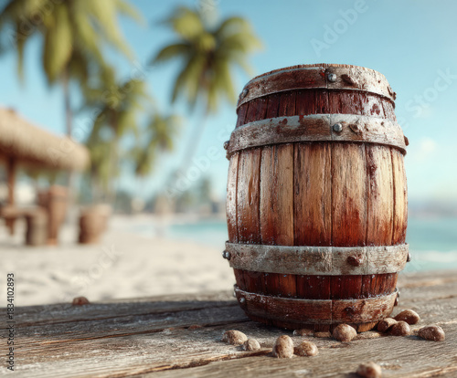 Barrel of rum on a tropical...