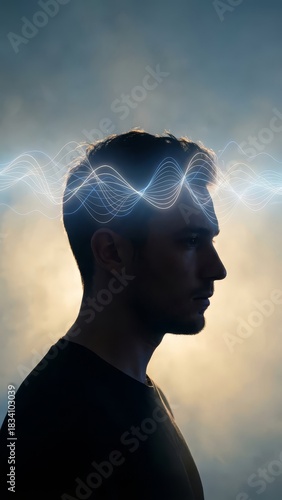 Silhouette of a man on a mountain peak with glowing light rays, symbolizing strength, motivation and personal growth at sunrise.