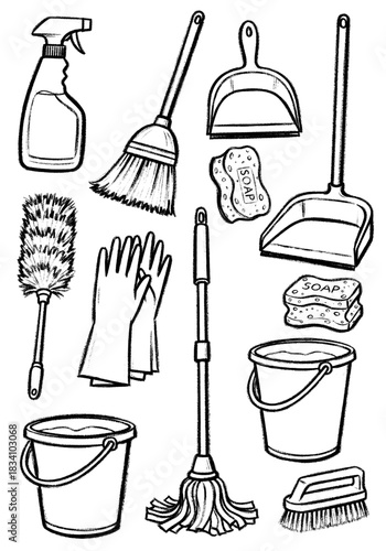 Hand-Drawn Sketch Set of Household Cleaning Tools and Equipment