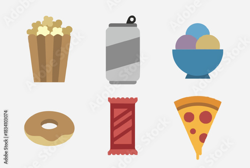 Delicious fast food treats: Pizza, sweets, and soda pop!