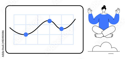Mindfulness, analytics, workplace balance, mental clarity, productivity, self-care. Graph with data points and person meditating on a cloud. Mindfulness and analytics fusion concept