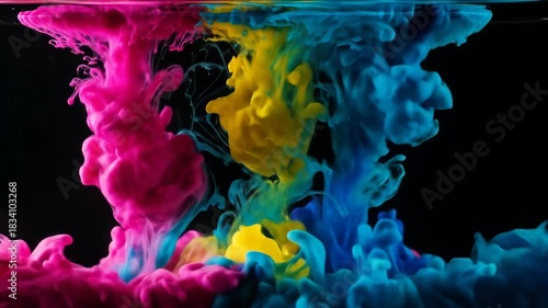 Vibrant Cyan Magenta Yellow Ink Drops Exploding in Water Abstract Background.