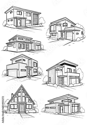 Modern House Architecture Line Art Set - Hand-Drawn Residential Home Sketches