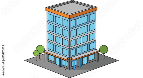 Modern glass and steel office building in a city setting with trees.