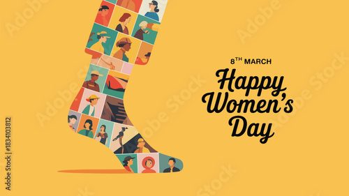 Diverse women celebrated on international women s day eighth march with a graphic of a sock filled with portraits
