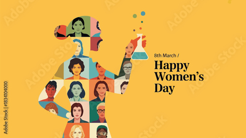 Diverse women portraits form a silhouette holding a science flask celebrating international women s day