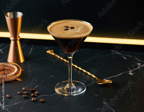Luxurious Espresso Martini Cocktail on Black Marble with Copper Barware.