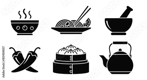 Collection of Asian food and kitchen icons, including steaming soup, noodles, chili peppers, dumplings, and teapot.