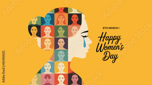 Diverse women faces mosaic forming a profile silhouette with a tear for international women s day celebration