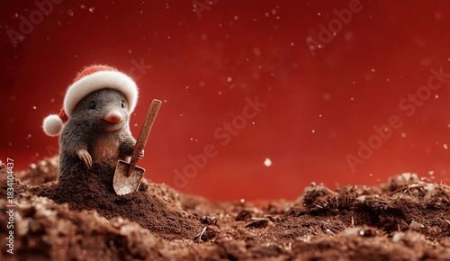 Weihnachtlicher Maulwurf mit Schaufel in winterlicher Erdlandschaft