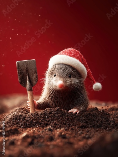 Niedlicher Maulwurf mit Weihnachtsmütze und Schaufel