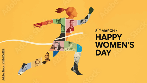 Dynamic illustration of a running woman composed of diverse female portraits celebrating international women s day