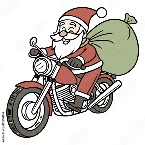 Santa Claus riding a motorcycle with a sack of gifts, festive holiday illustration