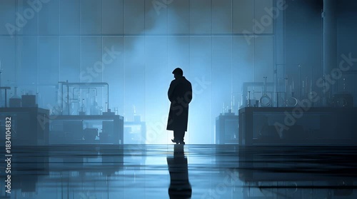Intriguing silhouette of scientist standing pensively in advanced laboratory setting, perhaps contemplating groundbreaking research or innovative discovery
