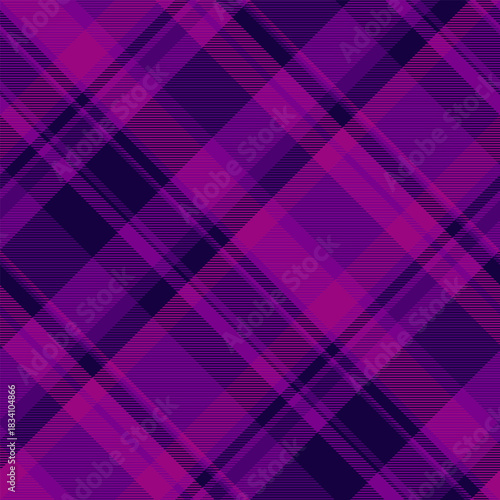 Weave seamless textile texture, argyle fabric vector pattern. Tie tartan check plaid background in purple and dark colors.