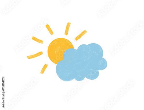 Hand drawn sun partially hidden by a blue cloud, isolated on white background