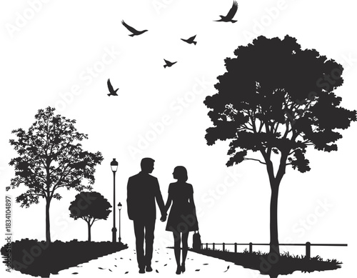 Silhouette of a couple enjoying a walk in a park filled with trees and birds, perfect for outdoor, romantic, and serene vector design