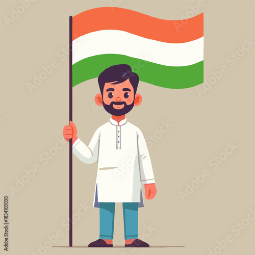 Flat Illustration of Man Holding Indian Flag Wearing White Kurta with Teal Pants