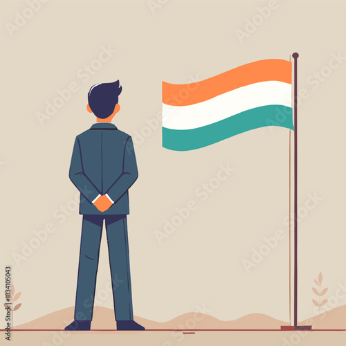 Flat Illustration of Back View Man in Suit with National Flag on Beige Background