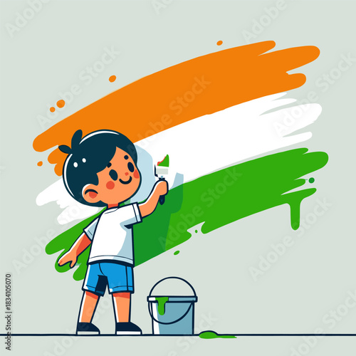 Flat Illustration of Boy Painting Indian Flag with Brush and Paint Bucket on White Background