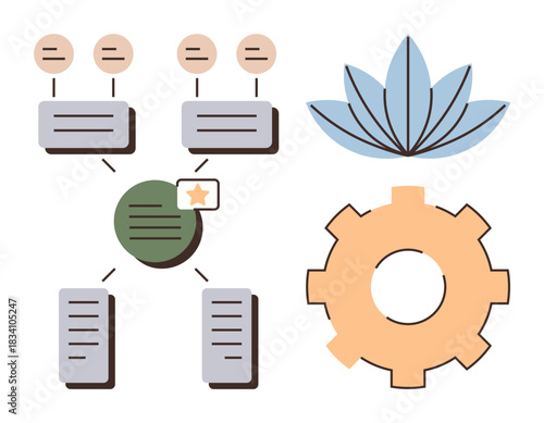 Flowchart with linked boxes and nodes, blue abstract growth icon, and orange gear. Ideal for teamwork, project management, strategy, workflow, process design, leadership simple flat metaphor