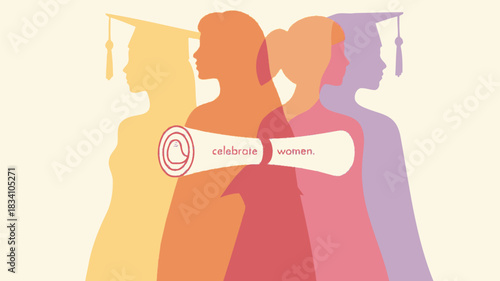 Diverse women in graduation caps celebrate achievements holding a diploma scroll with inspirational text