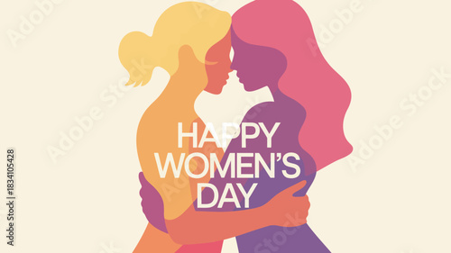 Two women embracing with happy womens day text in a warm color palette