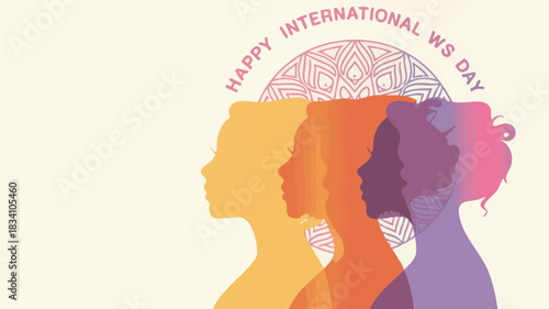 Happy international womens day celebration with diverse female silhouettes and mandala design