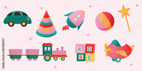 Cute kids toy set. Flat vector illustration on white background.