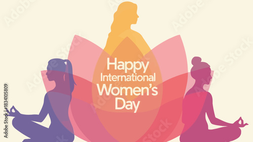 Happy international womens day with silhouettes of women in yoga poses amidst a lotus flower