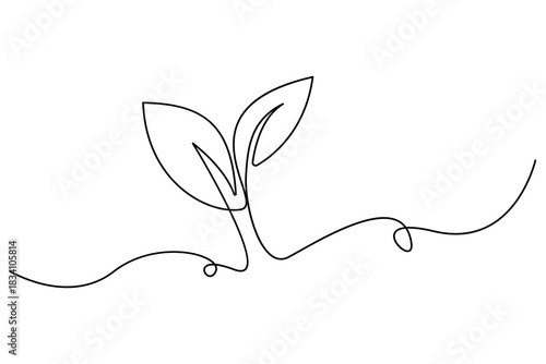 Hand drawn one line art of sprouting plant with leaves simple outline eco growth design
