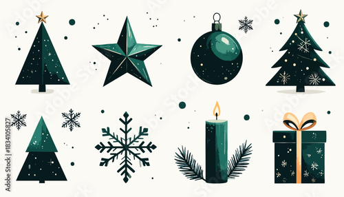 Set of green Christmas holiday icons and elements.