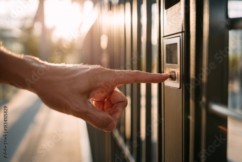 A hand presses the control panel of a modern automated gate as LED strips illuminate the edges. Warm sunset light casts soft shadows on the fence, enhancing the high-tech setup