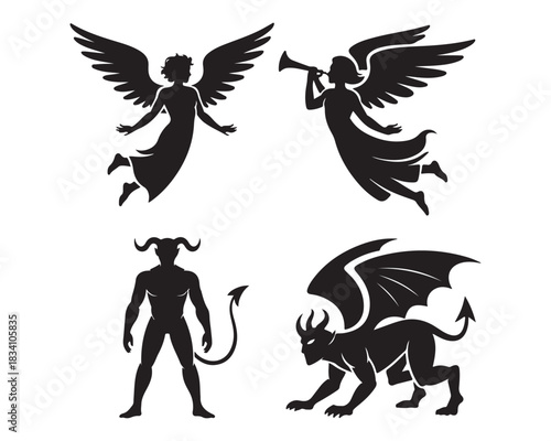 angel symmetrical wings, guardian angel kneeling prayer, angle with dove, horned demon large bat wings, tails, wingless demon, roaring demon Silhouette vector design illustration collection set