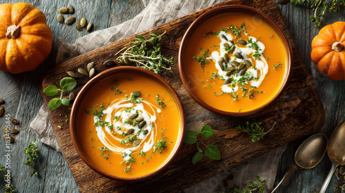 Pumpkin Soup: Two bowls of creamy pumpkin soup are garnished with a swirl of cream, herbs, and pumpkin seeds, offering a warm and inviting view, accompanied by small pumpkins, and herbs.