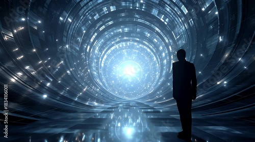 Man Silhouetted at the End of a Futuristic Tunnel of Light, Seeking New Frontiers, Journey into the Unknown, Sci-Fi Adventure, Embracing the Future