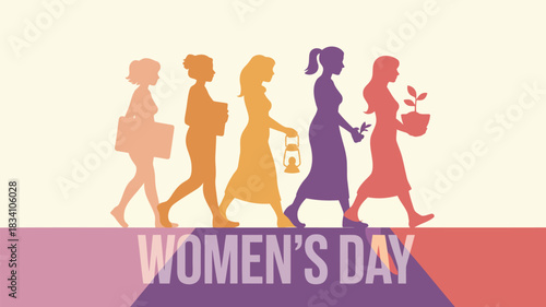 Diverse women in silhouette walking forward carrying symbols of progress and growth for international women s day