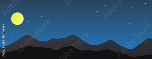 Minimal Night Mountain Landscape with Moon and Stars