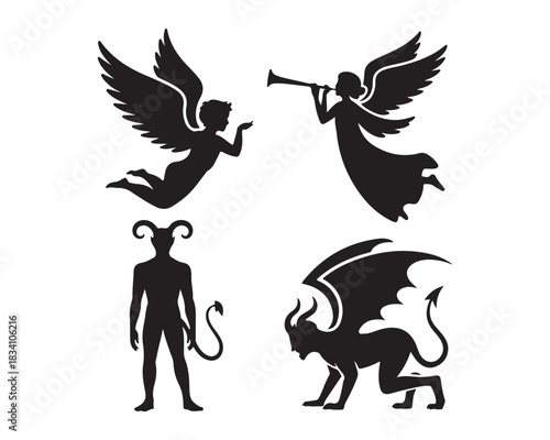angel symmetrical wings, guardian angel kneeling prayer, angle with dove, horned demon large bat wings, tails, wingless demon, roaring demon Silhouette vector design illustration collection set