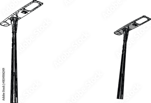 two street lights depicted in a black and white schematic style, which emphasizes their shapes and outlines rather than color. The street light on the left is positioned closer to the viewer,Victor 