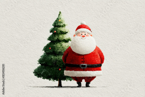 simple watercolor drawing of a smiling Santa Claus with a big hat near the chrismas tree postcard illustration