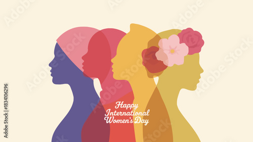 Happy international womens day greeting card with colorful overlapping female profiles and floral accents