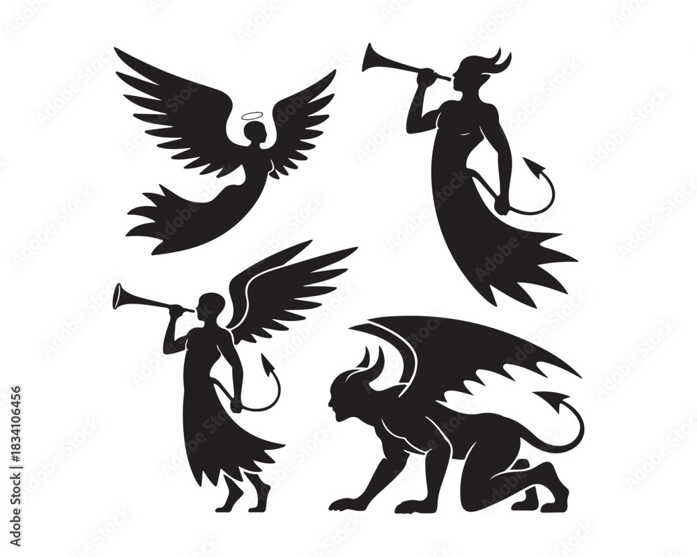 Obraz premium angel symmetrical wings, guardian angel kneeling prayer, angle with dove, horned demon large bat wings, tails, wingless demon, roaring demon Silhouette vector design illustration collection set