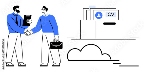 Recruitment process. Professionals shaking hands hiring, with CV storage and cloud file management. Recruitment highlights teamwork, HR tools, and digital solutions. For HR, hiring, recruiting tech