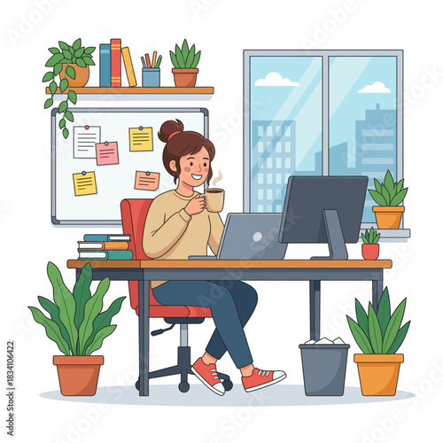 A woman is sitting at a desk with a computer, drinking coffee, surrounded by plants in a well-lit office.