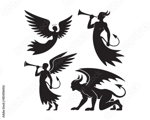 angel symmetrical wings, guardian angel kneeling prayer, angle with dove, horned demon large bat wings, tails, wingless demon, roaring demon Silhouette vector design illustration collection set