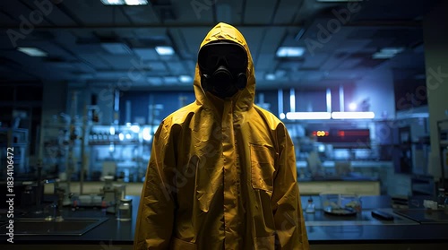 Intense scene unfolds in a lab as a figure in a hazmat suit stands poised for action, hinting at scientific discovery or containment in a thriller narrative